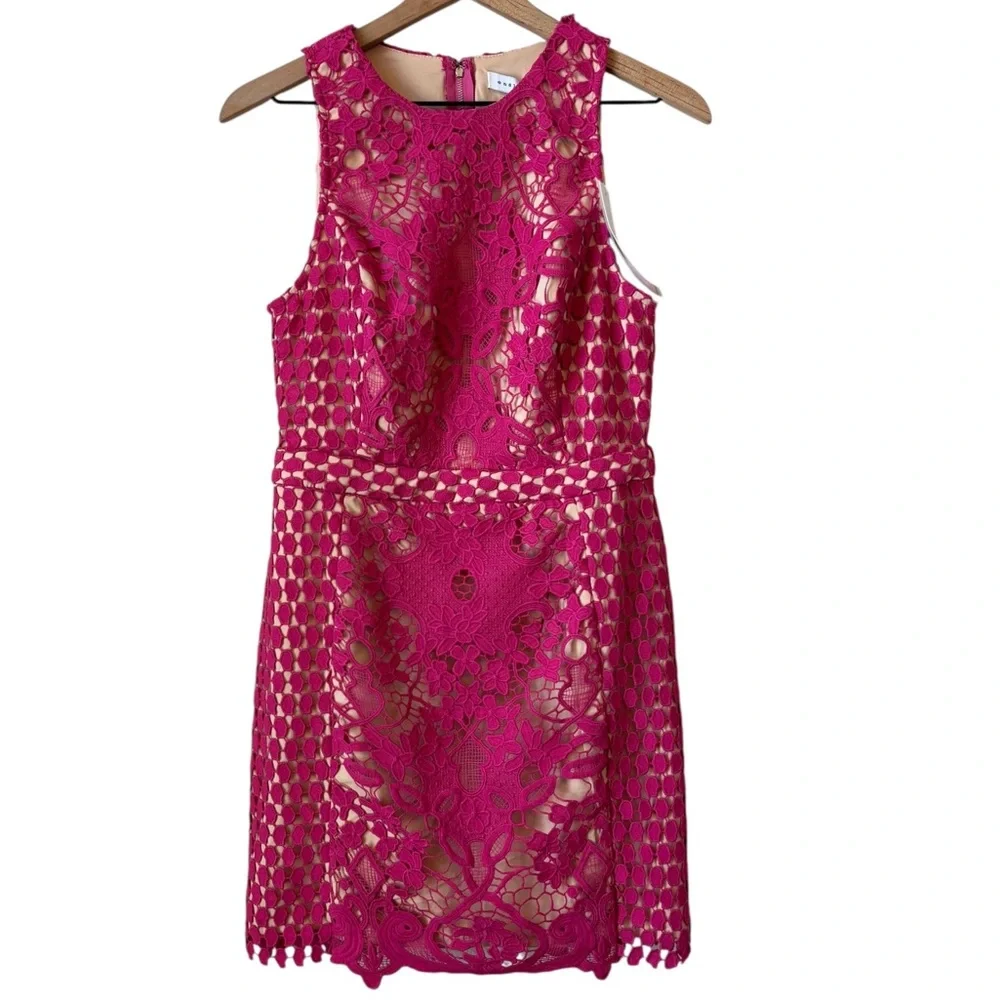 NEW Endless Rose Lace Overlay Mini Shift Dress Sz M Pink Fuschia Cut Out Party - Picture 1 of 13
